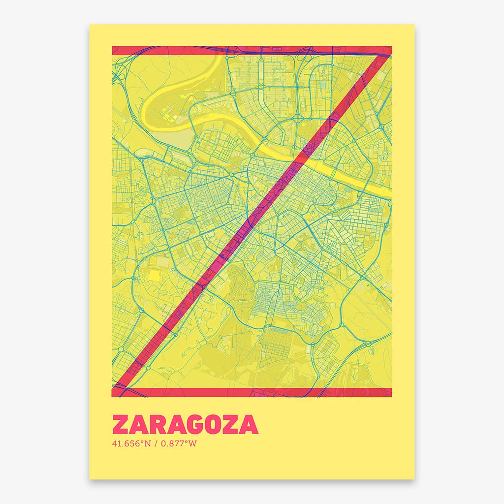 Poster of Zaragoza composed with letters in extra light font printed on yellow and fuchsia