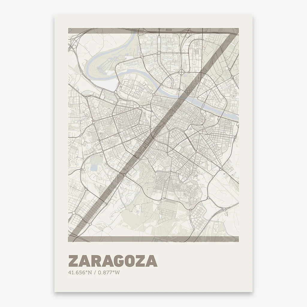 Poster of Zaragoza composed with letters in extra light font printed on light brown and an off-white background