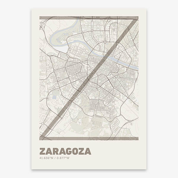 Poster of Zaragoza composed with letters in extra light font printed on light brown and an off-white background