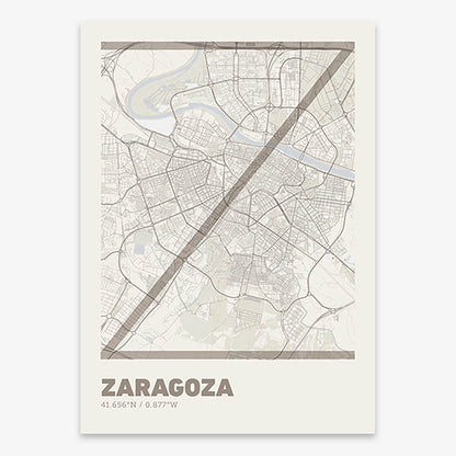 Poster of Zaragoza composed with letters in extra light font printed on light brown and an off-white background