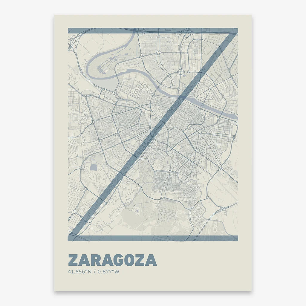 Poster of Zaragoza composed with letters in extra light font printed on bluish gray and an off-white background