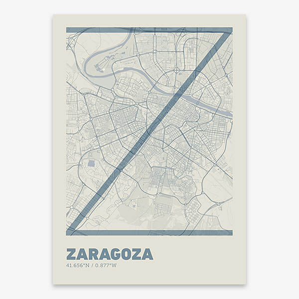 Poster of Zaragoza composed with letters in extra light font printed on bluish gray and an off-white background