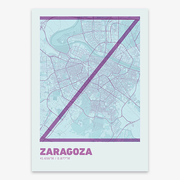 Poster of Zaragoza composed with letters in extra light font printed on purple and light blue