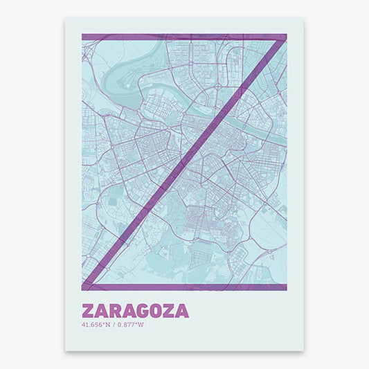 Poster of Zaragoza composed with letters in extra light font printed on purple and light blue