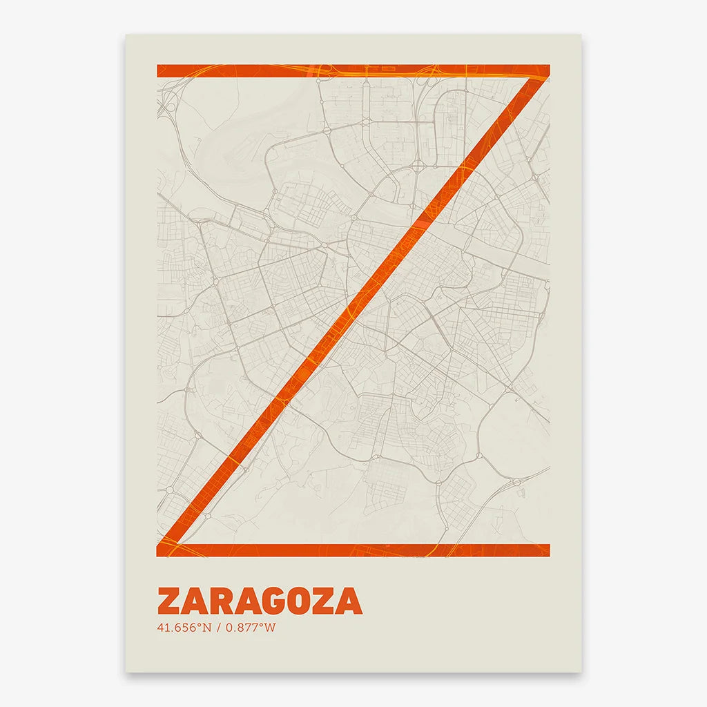 Poster of Zaragoza composed with letters in extra light font printed on orange and an off-white background