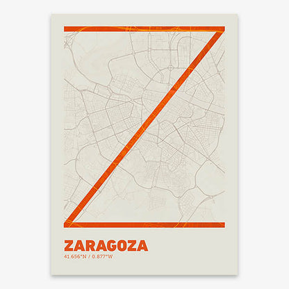 Poster of Zaragoza composed with letters in extra light font printed on orange and an off-white background
