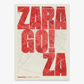 Decorative print of Zaragoza with letters of its name placed randomly, designed in red and an off-white background