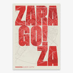 Decorative print of Zaragoza with letters of its name placed randomly, designed in red and an off-white background