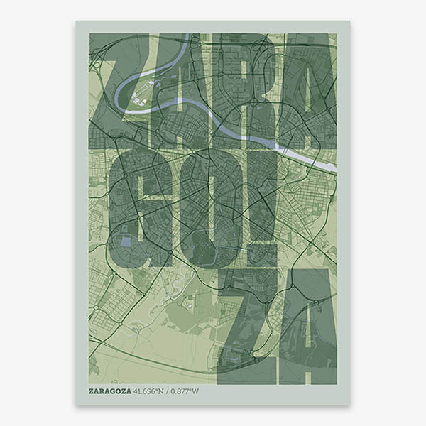 Decorative print of Zaragoza with letters of its name placed randomly, designed in two green tones