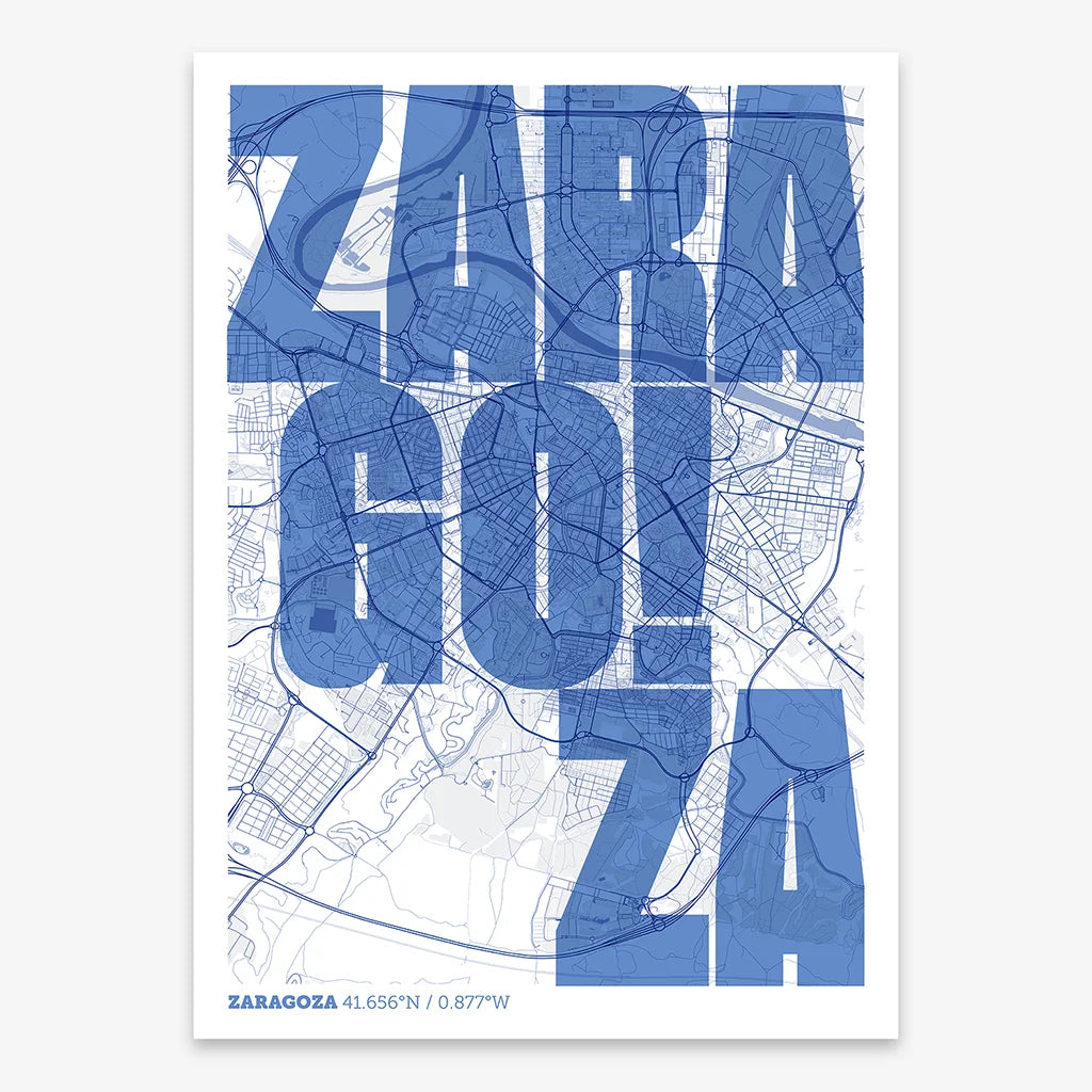 Decorative print of Zaragoza with letters of its name placed randomly, designed in navy blue and white