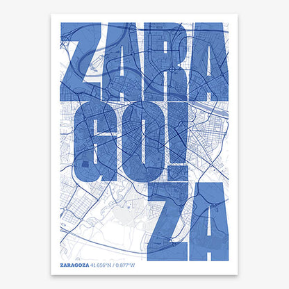 Decorative print of Zaragoza with letters of its name placed randomly, designed in navy blue and white