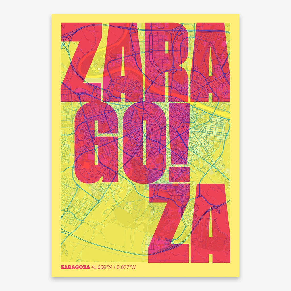 Decorative print of Zaragoza with letters of its name placed randomly, designed in yellow and fuchsia