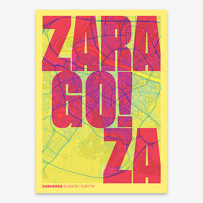 Decorative print of Zaragoza with letters of its name placed randomly, designed in yellow and fuchsia
