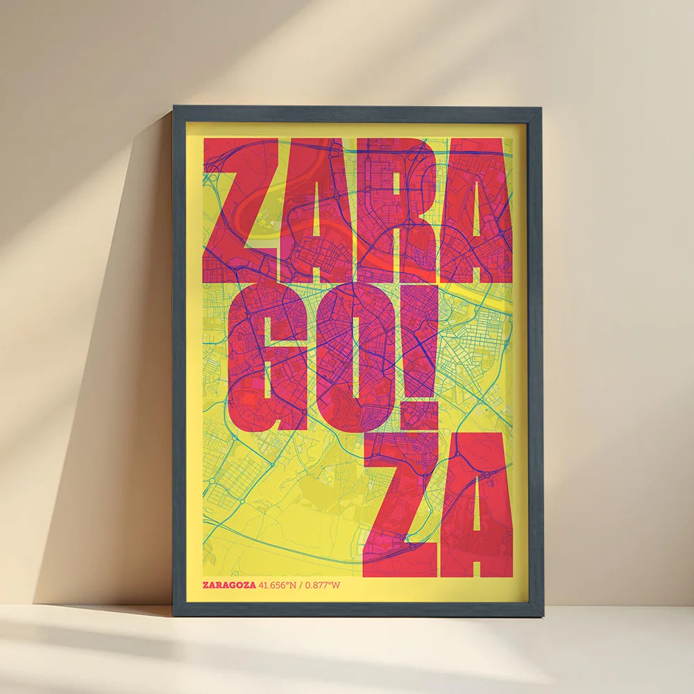 Lámina creativa de Zaragoza – Diseño gráfico y tipografía sobre mapa