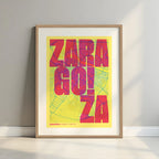 Framed Zaragoza in Unruled design, where the city name letters appear randomly across different lines for a truly original urban layout designed in yellow and fuchsia with a white margin border in a warm lit minimalist setting