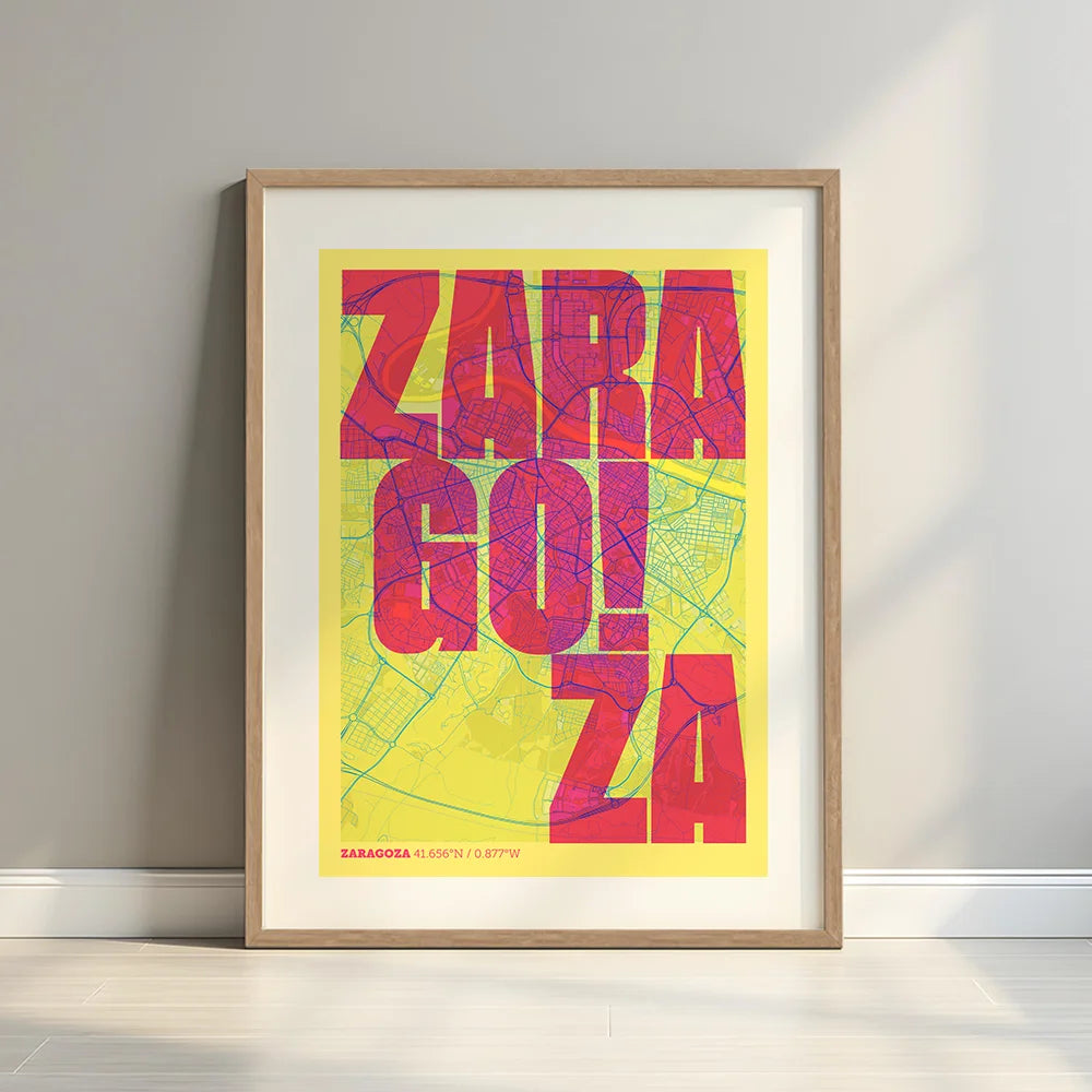 Framed Zaragoza in Unruled design, where the city name letters appear randomly across different lines for a truly original urban layout designed in yellow and fuchsia with a white margin border in a warm lit minimalist setting