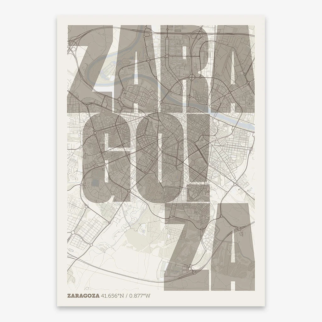 Decorative print of Zaragoza with letters of its name placed randomly, designed in light brown and an off-white background