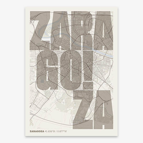 Decorative print of Zaragoza with letters of its name placed randomly, designed in light brown and an off-white background