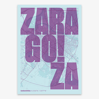 Decorative print of Zaragoza with letters of its name placed randomly, designed in purple and light blue