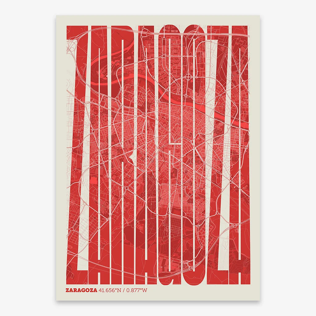 Decorative map of Zaragoza and letters of its name in a giclée print designed in red and an off-white background