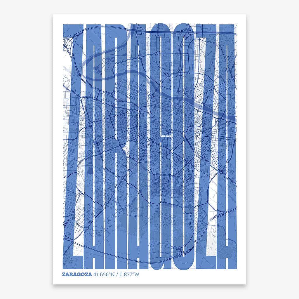Decorative map of Zaragoza and letters of its name in a giclée print designed in navy blue and white