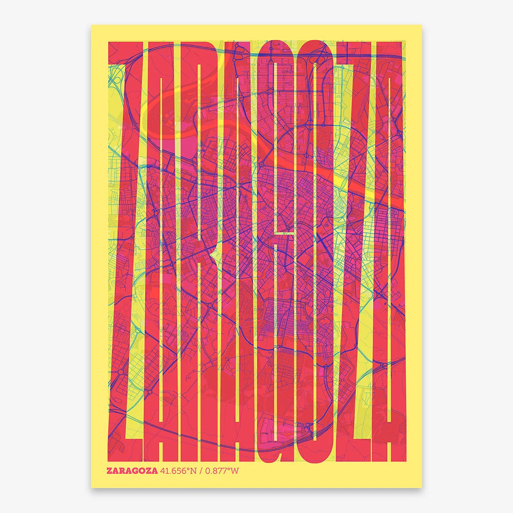 Decorative map of Zaragoza and letters of its name in a giclée print designed in yellow and fuchsia