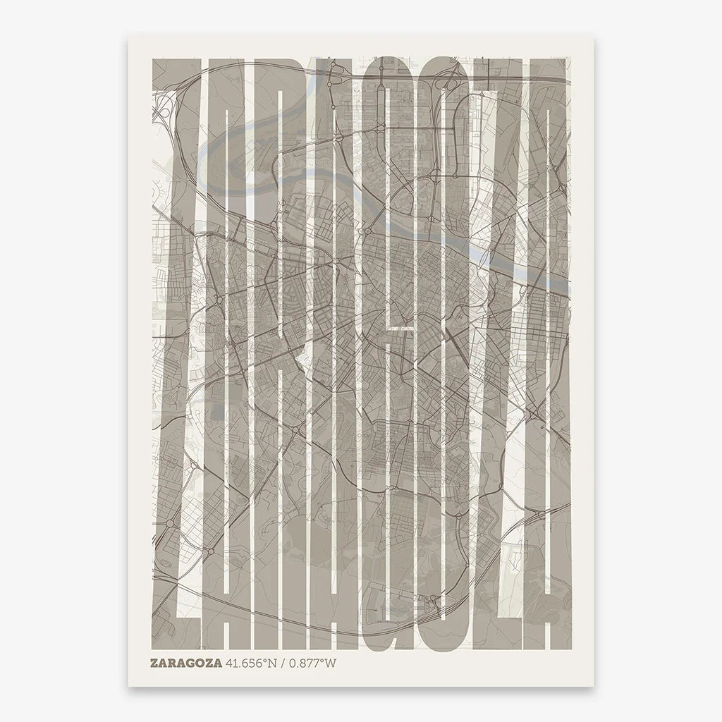 Decorative map of Zaragoza and letters of its name in a giclée print designed in light brown and an off-white background