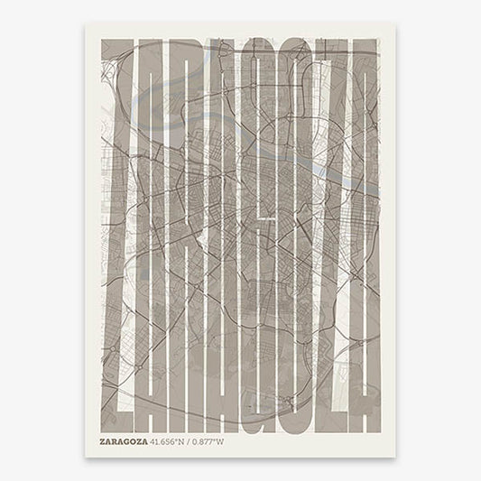 Decorative map of Zaragoza and letters of its name in a giclée print designed in light brown and an off-white background