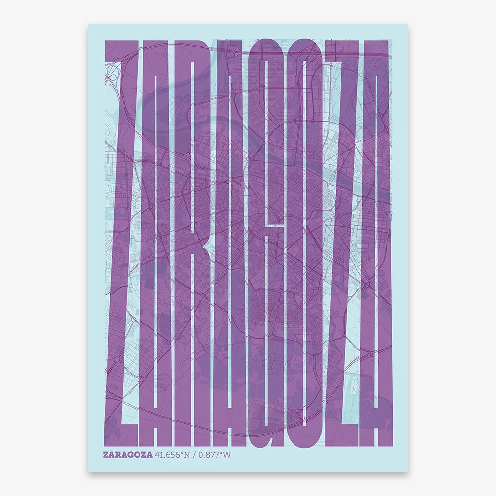Decorative map of Zaragoza and letters of its name in a giclée print designed in purple and light blue