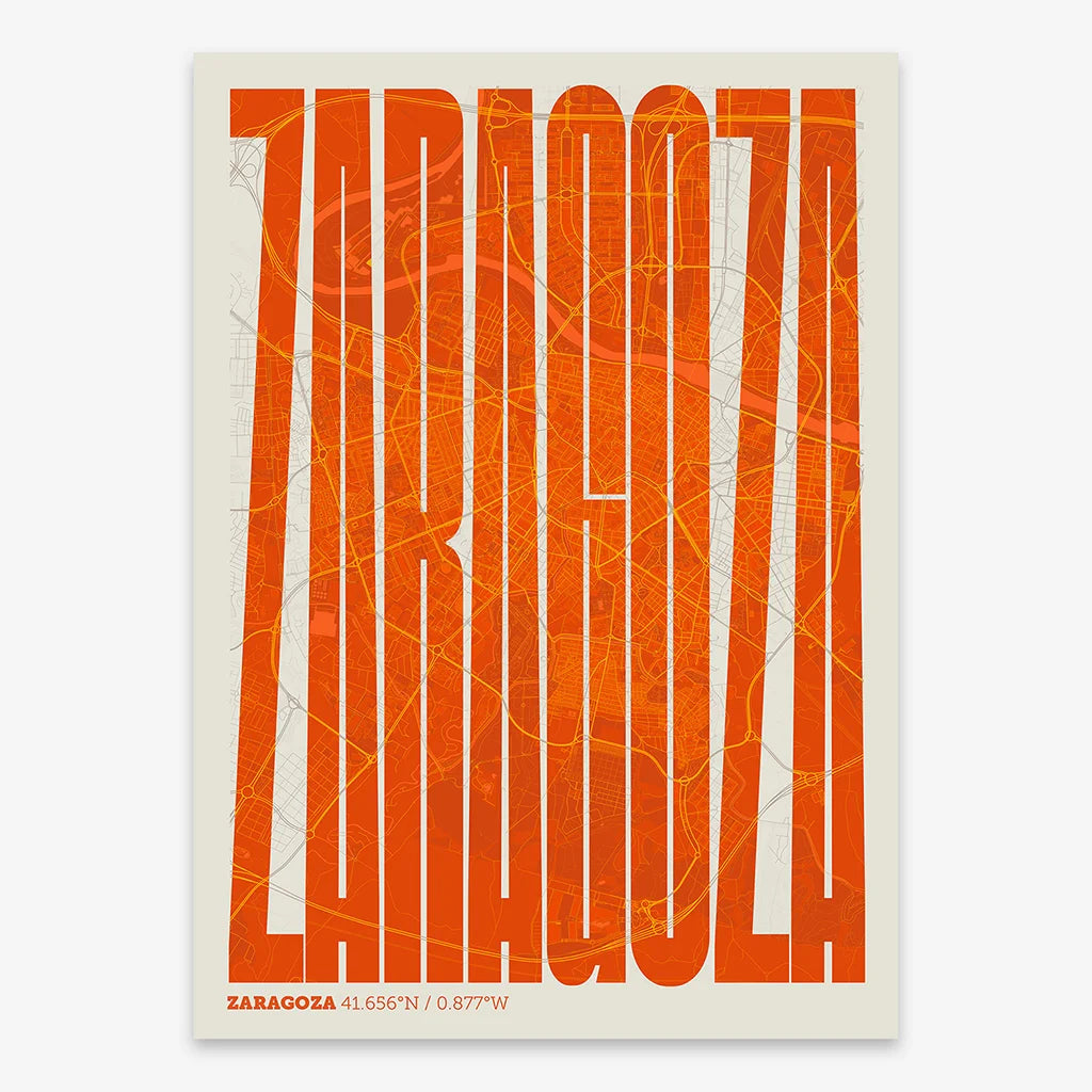 Decorative map of Zaragoza and letters of its name in a giclée print designed in orange and an off-white background