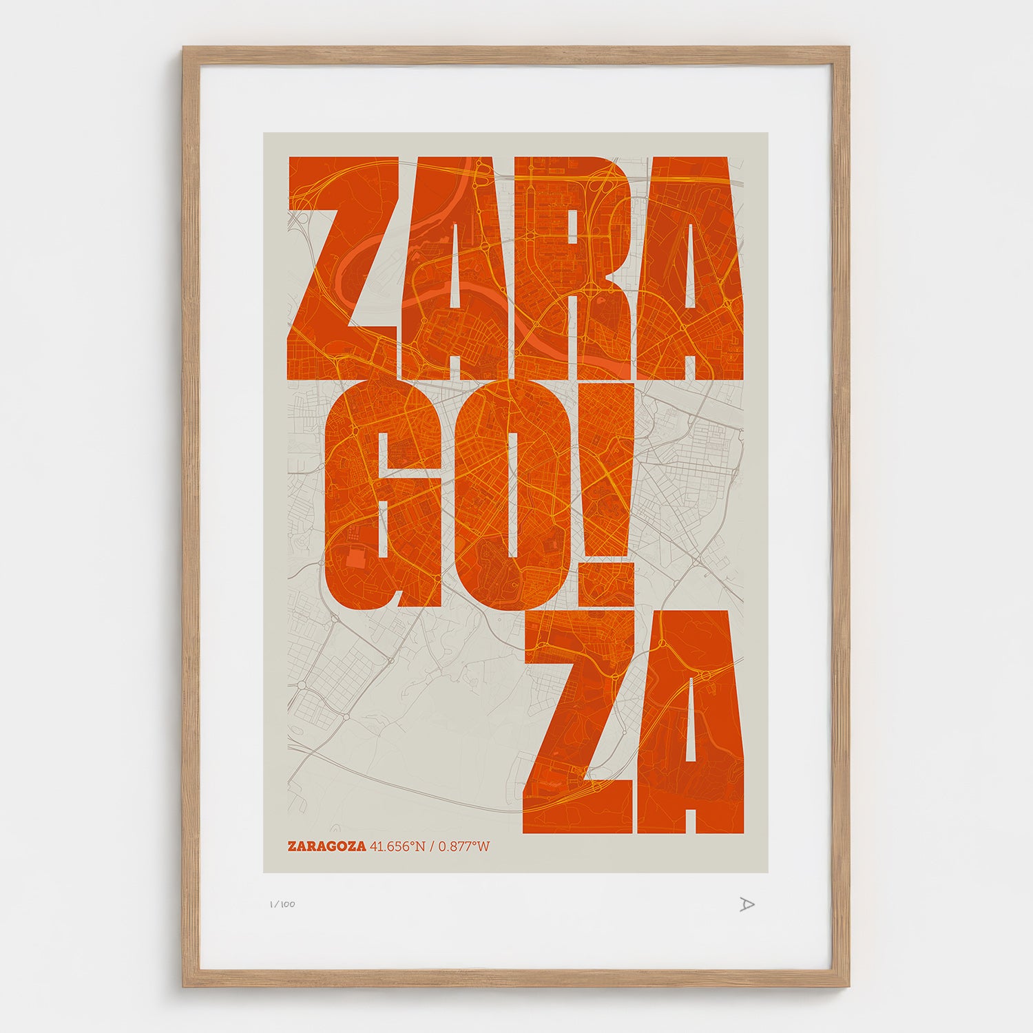 Lámina tipográfica de Zaragoza – diseño Revoltosa, marco de madera natural