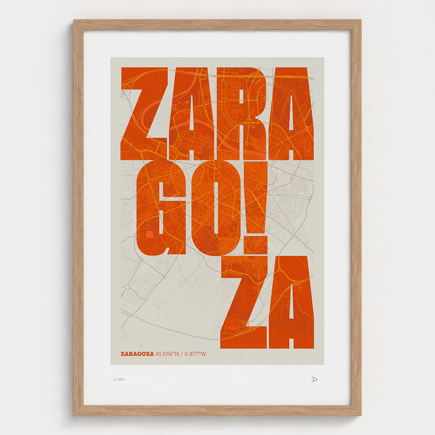 Lámina tipográfica de Zaragoza – diseño Revoltosa, marco de madera natural