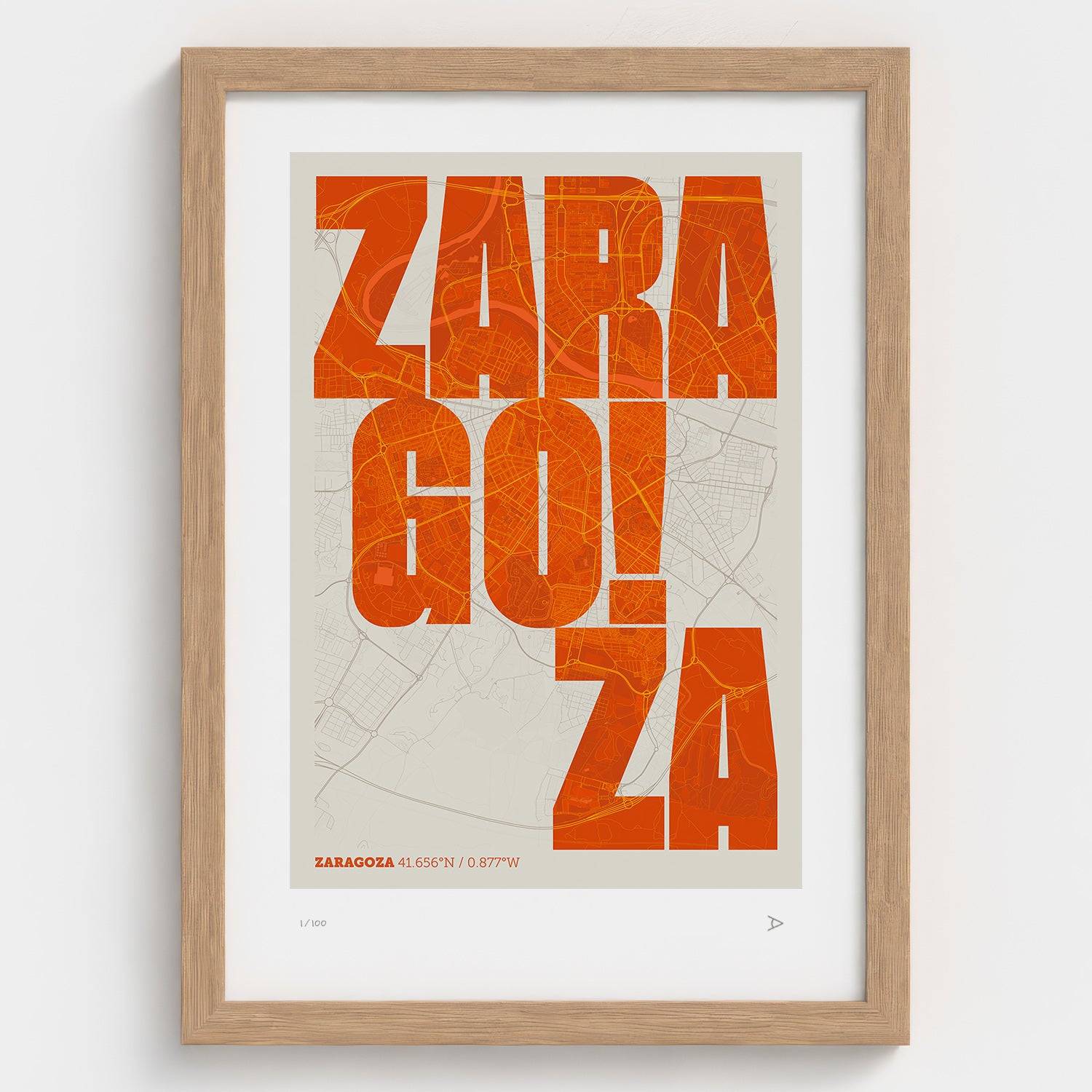 Lámina tipográfica de Zaragoza – diseño Revoltosa, marco de madera natural
